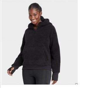 Women's Cozy 1/2 Zip Hooded Black L Pullover Sherpa Sweatshirt All in Motion